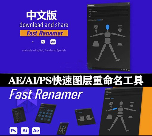 中文版AE/AI/PS脚本|快速图层重命名工具 Fast Renamer v1.5+使用教程